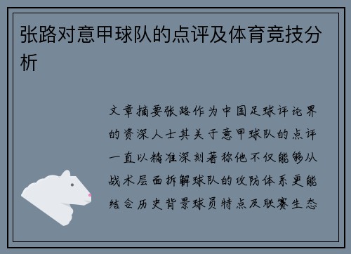 张路对意甲球队的点评及体育竞技分析