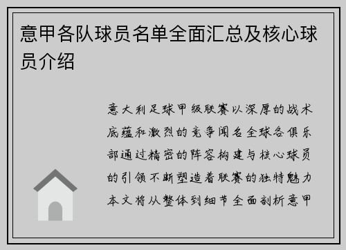 意甲各队球员名单全面汇总及核心球员介绍